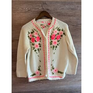 Vintage Handmade Knit sweater Cottagecore crochet floral Cardigan button down